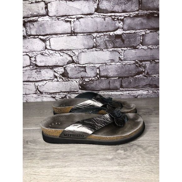 Mephisto Pewter Textured Leather Flip Flops Flower Sandals Women's Sz 38EU/7.5M - Picture 11 of 14